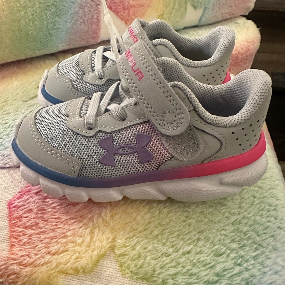 Under Armour Kids' Gray and Pink Sneakers with Blue Accents